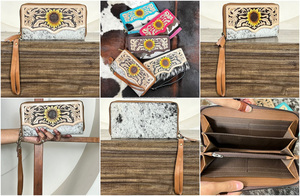 Cartera de mano de cuero con diseño de girasol, hecha a mano, lista para enviar, con cierre de cremallera, de piel de vaca con pelo, para mujer. - Product Image 3