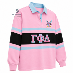 Camiseta de rugby extragrande para mujer Gamma Phi, con bloques de color, manga larga, cuello polo, letras griegas bordadas, estilo universitario. - Product Image 2