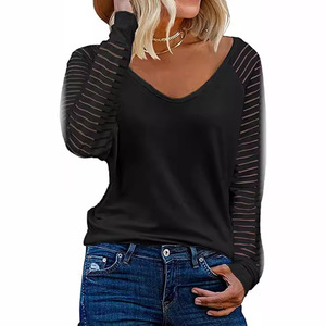 Women's Pink V-Neck Long Sleeve <b>Raglan</b> T-Shirt Woven Striped Casual Regular Fit Breathable Spring Summer <b>Top</b> - Product Image 4