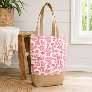 Custom Jute Canvas Beach Tote <b>Bag</b> Mushroom Print <b>Hot</b> <b>Pink</b> Large Shopper Wholesale Private Label OEM ODM Manufacturer Exporter - Product Image 4