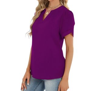 Custom Short Flutter Sleeve Women Chiffon Blouse Premium Lightweight Flowy Polyester Solid Purple Split V Neck <b>Tops</b> - Product Image 3