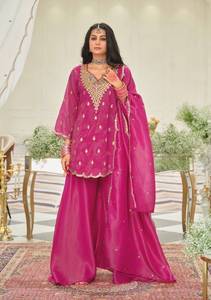 Elegante conjunto de Salwar Kameez con Kurti corto y pantalones Palazzo de pierna ancha para mujer, con adornos hechos a mano, ideal para fiestas de invierno, con dupatta. - Product Image 6