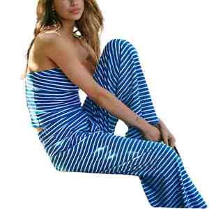 Ensemble coordonné rayé pour femme, best-seller, haute qualité, haut tube et pantalon large, coupe décontractée, 100% coton. - Product Image 4