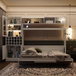 Lit Murphy pleine taille blanc avec canapé, étagères, ports USB et éclairage intégré - Product Image 4