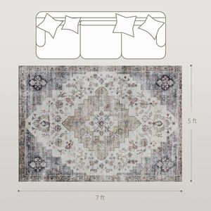 Tappeto Vintage a Pelo Lungo Lavabile in Lavatrice 5x7 Antiscivolo per Soggiorno Camera da Letto Sala da Pranzo Marrone e Verde - Product Image 3