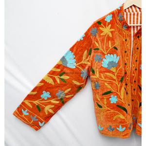 Veste en velours orange brodée de fleurs, style bohème, manches longues, fermeture boutonnée, col montant, vêtement d'extérieur décontracté, idéal pour le printemps - Product Image 5