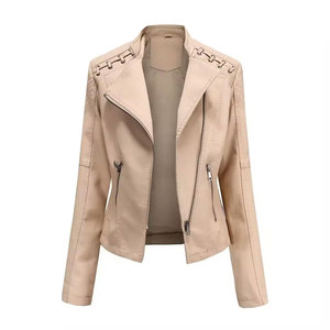 Blouson bomber coupe-vent en cuir PU noir pour femme, manches longues, col en V, fermeture éclair, couleur unie, longueur normale, col montant - Product Image 2