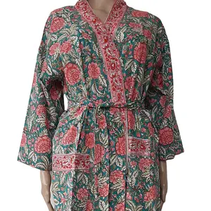 Algodão feminino kimono estilo étnico vintage, estampa floral longo, casual kimono, tops, roupa de dormir, estampa mini
