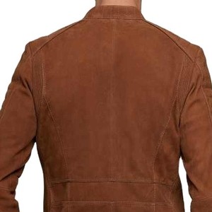 Chaqueta de Motociclista de Gamuza Marrón para Hombre, Corte Entallado, Cuello Camisero, Manga Regular, Cierre con Cinturón, para Otoño - Product Image 5