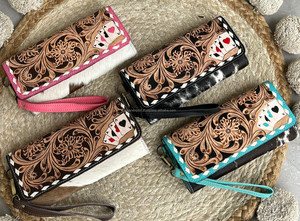 New Luxury Designer 2026 Hand <b>Tooled</b> <b>Leather</b> Wristlet Wallet Purse Hair On Cowhide <b>Leather</b> Card Holder Clutch for Women's - Product Image 5