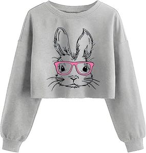 Sweat-shirt court à motif lapin amusant pour femme, pull à manches longues pour le printemps et Pâques, haut de fête - Product Image 1