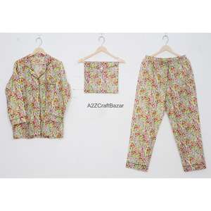 Conjunto de Pijamas de Verano para Mujer, Estampado Floral, 100% Algodón, Cintura Elástica, Cuello Camisero, Mangas Largas, Secado Rápido y Transpirable - Product Image 1