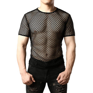 Men's <b>Blue</b> <b>Mesh</b> T-Shirt Short Sleeve O-Neck Slim Fit Breathable Knitted Street Style Solid Color - Product Image 5