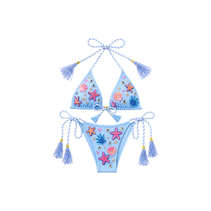 Conjunto de bikini triangular con cuentas naranjas y parte inferior con corte en forma de escalera, conjunto de bikini de dos piezas para mujeres y niñas, traje de baño con escote halter - Product Image 4