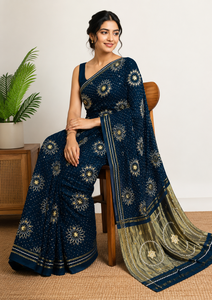 Sari indien traditionnel bleu marine imprimé pour femme, avec bordure tissée, idéal pour les fêtes – Fournisseur OEM - Product Image 2