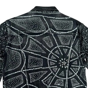 Men Rhinestone Spiderweb Denim Jacket Distressed Black Trucker Streetwear Coat OEM Custom Fashion - Product Image 3