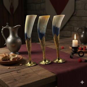 Verre à vin artisanal en corne de buffle, forme naturelle, sculpté avec un motif de plume dorée, imitation antique, objet de collection - Product Image 1