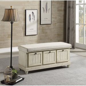 Panca contenitore resistente in legno massello con finitura bianca e rivestimento beige, seduta ribaltabile, per casa e camera da letto, con seduta imbottita in schiuma - Product Image 1