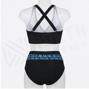 Ensemble bikini 2 pièces noir pour femme, haut croisé à licou, bas taille haute, imprimé lettres, en spandex et polyester extensible, maillot de bain - Product Image 2