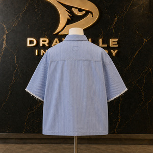 Camisa Y2K con Apliques de Chenilla a Rayas Azules, Personalizada, para Hombre, Estilo Oversize, Corte Cuadrado, con Botones, Manga Corta, Estilo Urbano Retro, 240g Algodón - Product Image 2