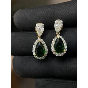 14K Gold Pear Shape Emerald & Diamond Drop Earrings | 3 Ct Pear & 0.90 Ct Round Diamond with 2.90 Ct <b>Green</b> Emerald Fine Jewelry - Product Image 6