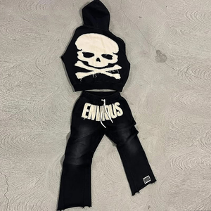 Winter Tracksuit <b>Men</b> OEM Custom Distressed Patch Embroidery Logo Acid Wash Vintage <b>Pullover</b> Hoodie Flared Sweats - Product Image 2