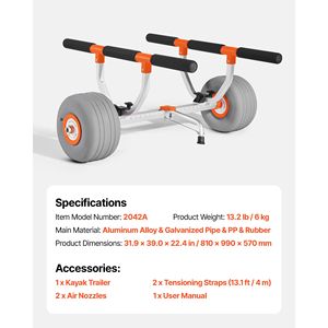 Carrelli e Carriole Porta Kayak con Capacità di Carico di 158 kg, Pneumatici in PU Gonfiabili da 12 Pollici e 2 Cinghie per Facile Montaggio e Smontaggio - Product Image 4