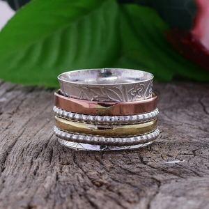 Three Tone <b>Spinner</b> Band <b>Ring</b> 925 Sterling Silver Handmade Anxiety Relief Jewelry - Product Image 3