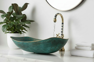 Hammered Copper Boat Sink Teal Verdigris Vessel Basin Oval <b>Vanity</b> Washbasin Handmade <b>Rustic</b> Luxury Copper <b>Bathroom</b> Sink - Product Image 3