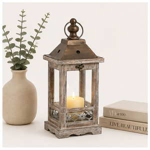Farol de Madera con Tapa Metálica, Estilo Rústico Vintage, Portavelas para Centros de Mesa de Boda, Hogar y Jardín Navideño - Product Image 5