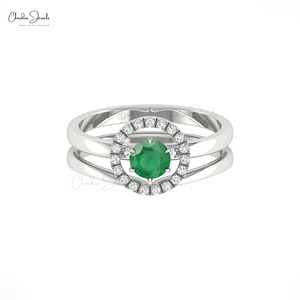 Top Products Zambian Emerald 5mm Round Cut & Diamond Halo Braided Stacking <b>Ring</b> with 14k Solid Gold Promise <b>Ring</b> for <b>Couple</b> - Product Image 3
