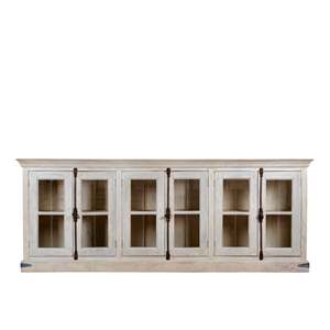 Buffet en bois style Ibiza sablé avec portes vitrées, meuble de rangement rustique, meuble de présentation vintage pour salon - Product Image 1