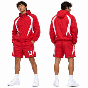 Men Custom Logo Windbreaker 100% Cotton Plus Size Washed Short Set Windproof Tracksuit Zipper <b>Jackets</b> and Shorts Two Piece Sets - Product Image 1