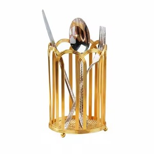Gold Cylindrical Metal Cutlery Holder Rust Resistant Kitchen <b>Storage</b> Rack Modern Design Single Tier Standing Type Utensils Hold - Product Image 1