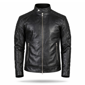 Blouson de moto unisexe noir en cuir véritable matelassé coupe ajustée décontracté respirant écologique coupe-vent imperméable - Product Image 1