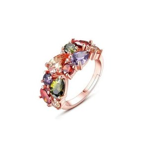 Anillo chapado en oro rosa de 18 quilates con circonita cúbica suiza, piedras multicolores, diseño romántico de flor y enredadera para mujer, para bodas y fiestas. - Product Image 2