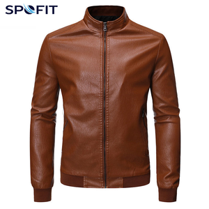 SPOFIT Men's PU Leather <b>Jacket</b> Stand Collar Zipper Front Moto <b>Biker</b> Style Solid Color Winter Breathable Wear - Product Image 3