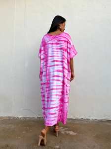 Alice 5 Tie Dye Kaftan Dress <b>White</b> And Fuchsia Cotton Jersey Lounge Wear - Product Image 5