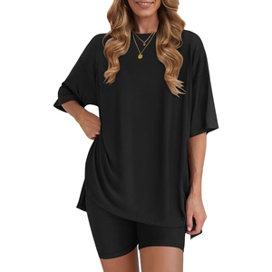 Conjunto de 2 Piezas de Punto Azul para Mujer, Top Holgado con Cuello Redondo y Pantalones Cortos, Transpirable, Informal, para Primavera y Verano - Product Image 2