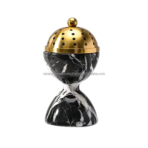 Premium Tabletop Resin Bakhoor <b>Incense</b> Burner with Perforated Gold Metal Cover for Home Fragrance Meditation and Interior Decora - Product Image 3