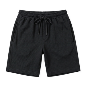 Shorts pour homme en piqué 100% coton noir avec cordon de serrage à la taille, décontractés, respirants, longueur bermuda, couleur unie, tissu tricoté - Product Image 2