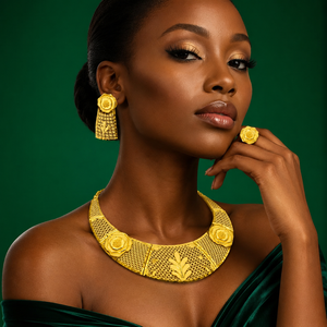 Designer Gold Plated Brass Classic Flower Box Chain Women's Nigerian Wedding Gold Necklace and Earrings Set - Product Image 3