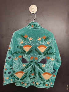 Superbe velours turquoise tricoté, broderie Suzani, travail artisanal floral au point Crewel, style bohème chic ethnique en coton - Product Image 5