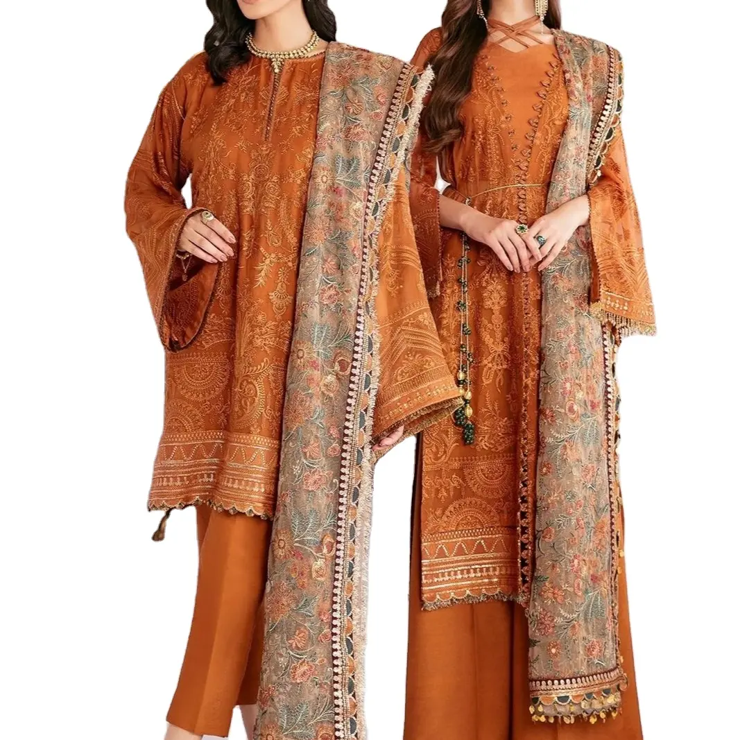 Ethnic Shalwar Kameez Light Embroidered Orange Color Outfit With Printed Heavy Dupatta Both for Casual And Party Wear