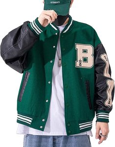 Green <b>White</b> Varsity <b>Jacket</b> <b>Men</b> Preppy Style Embroidered Letter LN Patch Regular Fit Autumn Wool Polyester Turn-down Collar - Product Image 2