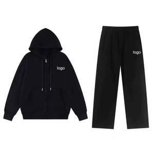 Conjunto Deportivo Unisex Negro con Capucha, Sudadera con Cierre Completo y Pantalones Jogger, Color Sólido, Ropa Casual, 100% Algodón, Estilo Otoñal - Product Image 1