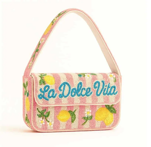 Sac à main en paille brodé La Dolce Vita, motif citron rayé rose, bandoulière unique, style preppy pour femme, sac d'usage quotidien - Product Image 1
