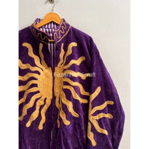 Purple <b>Velvet</b> Mandarin Collar <b>Jacket</b> Full Sleeve Hand Embroidered Geometric Pattern Winter <b>Women's</b> Wear Overcoat - Product Image 4