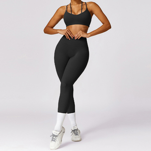 Women High Waisted Yoga Set Seamless Scrunch Butt Leggings With <b>Open</b> Back Short Sleeve Crop Top Fitness Gym Workout Sportswear - Product Image 4