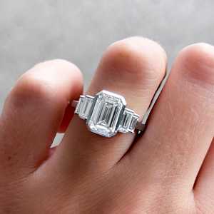 Emerald Cut Lab Grown Diamond Engagement Ring Art Deco Bar Bezel Wholesale 14K <b>Solid</b> Gold Custom 3 Carat 5 Stone Ring For Women - Product Image 4